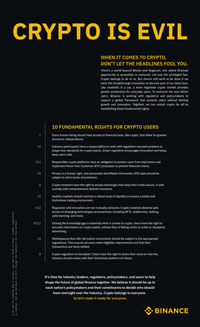 Binance Calls for Global Regulatory Frameworks for Crypto Markets, Releases 10 Fundamental Rights that Protect Crypto Users